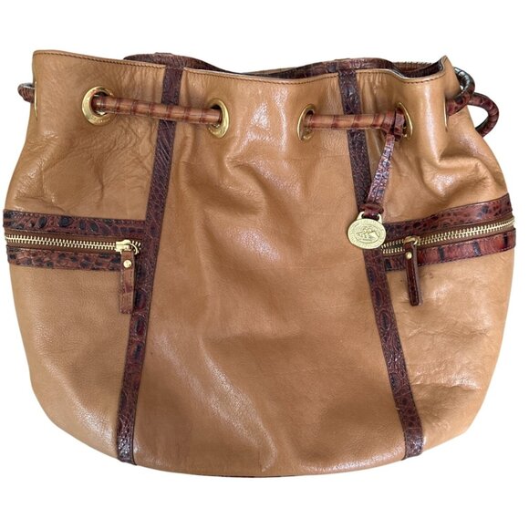 Brahmin Dee Dee Novella Leather Handbag Tan & Brown Croc Embossed Bucket Bag - Picture 1 of 15